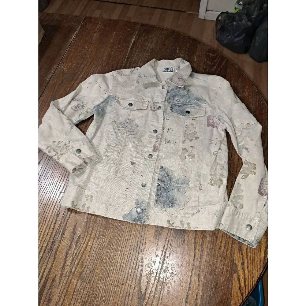 Size 4 Chicos Designs Size 0 Tan Faded Denim Jean Jacket Floral with Pockets